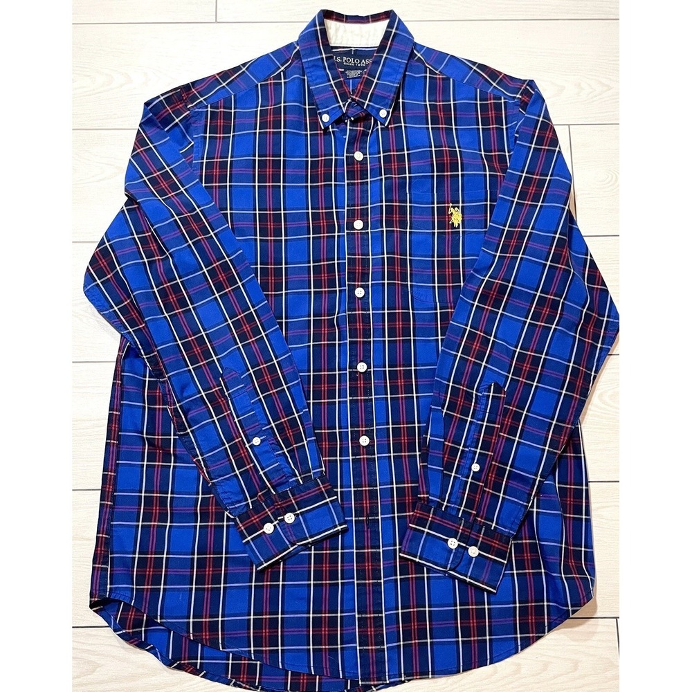 U.S. Polo Assn. Plaid Button down navy blue ling sleeve, Men's Size M